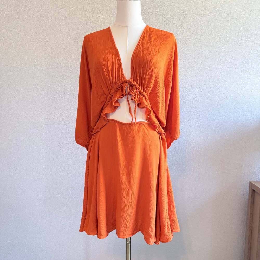 ASOS DESIGN Burnt Orange Crinkle Cutout Mini Dress Boho Summer Resort US 14